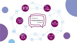 Logo des Netzwerks Medienbildung Dresden und verschiedene Icons, die Netzewrkarbeit im Bereich digitaler Medien darstellen.