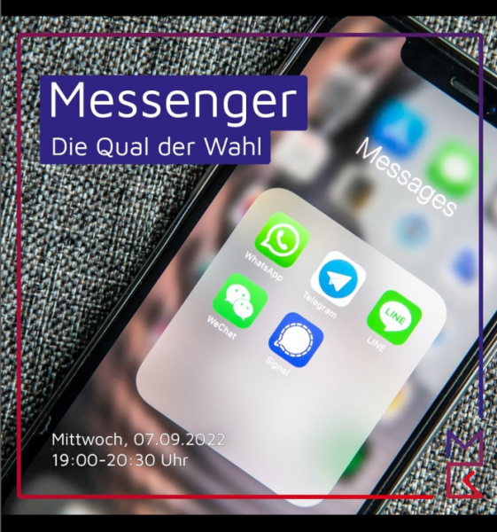 Thumbnail vom Instagram-Post zur Veranstaltung Messenger. Zu sehen ist ein Smartphone mit verschiedenen Messenger-Apps, darauf als Textfeld der Titel der Veranstaltung "Messenger - die Qual der Wahl"