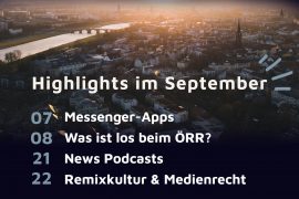 Dresden im Abendlicht und davor als Text vier Programmhighlights: Messenger-Apps, Was ist los beim ÖRR, News Podcasts und Remixkultur und Medienrecht mit weißer Schrift auf dunklem Hintergrund
