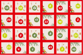 Ansicht des Adventskalenders 2022 der GMK. Zu sehen sind 24 kleine weihnachtlich dekorierte Felder mit je einer Zahl darauf.