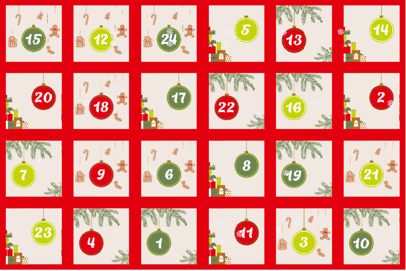Ansicht des Adventskalenders 2022 der GMK. Zu sehen sind 24 kleine weihnachtlich dekorierte Felder mit je einer Zahl darauf.