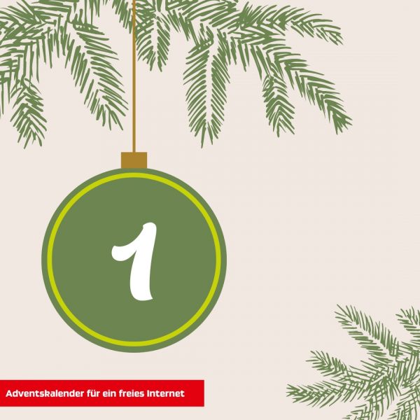 Vorderseite des ersten Adventskalendertürchens mit der Zahl 1 in einer grünen Weihnachtsbaumkugel