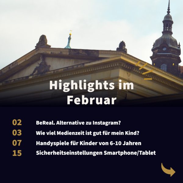 Thumbnail des Instagram-Posts mit der Programmvorschau für Februar. Zu sehen ist ein Ausschnitt aus einem Foto der Schinkelwache mit Schlosskirche dahinter. Darüber ist ein Textfeld mit 4 der Angebote im Februar.