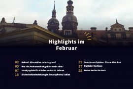 Programmvorschau für den Monat Februar, mit einem Foto der Silhouette der Stadt Dresden im Hintergrund und den im Text gelisteten Veranstaltungen als Textfeld darüber