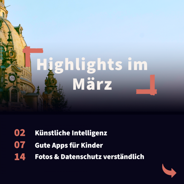 Zu sehen ist die Frauenkirche im Abendlicht vor blauem Himmel. Im Vordergrund als Textfeld die Übersicht der Veranstaltungen.