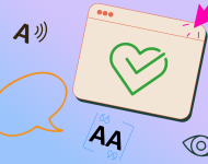 Eine Grafik mit einem Browserfenster umgeben von verschiedenen Symbolen, die für Barrierefreiheit stehen. Ein Auge, zwei AAs, eine Sprechblase und eine A mit dem Symbol für Ton daneben