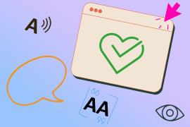 Digitale-Barrieren_web Eine Grafik mit einem Browserfenster umgeben von verschiedenen Symbolen, die für Barrierefreiheit stehen. Ein Auge, zwei AAs, eine Sprechblase und eine A mit dem Symbol für Ton daneben