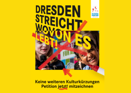 Dresdenstreichtwovoneslebt_NWKDD Motiv der Kampagne Dresden streicht wovon es lebt. Gelbes Plakat mit Foto von einem Event. Das Foto ist mit einem dicken roten Strich durchgestrichen