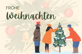 Grafik mit dem Schriftzug "Frohe Weihnachten" und dazu drei Menschen in warmer Kleidung, die draußen im Schnee einen Baum weihnachtlich schmücken