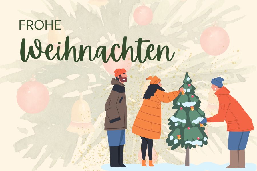 Grafik mit dem Schriftzug "Frohe Weihnachten" und dazu drei Menschen in warmer Kleidung, die draußen im Schnee einen Baum weihnachtlich schmücken