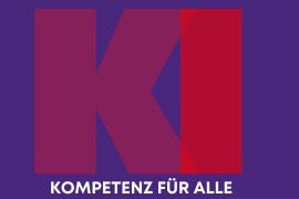 KI-Kompetenzfüralle Die Buchstaben KI in pinker und roter Schrift auf violettem Hintergrund. Außerdem in weiß die Schrift "Kompetenz für alle"