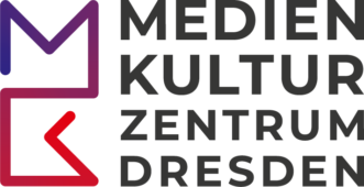 Logo Medienkulturzentrum im Querformat mit der Grafik im Farbverlauf auf der Linken, dem Schriftzug in schwarz auf der rechten Seite.