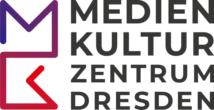 Logo Medienkulturzentrum im Querformat mit der Grafik im Farbverlauf auf der Linken, dem Schriftzug in schwarz auf der rechten Seite.