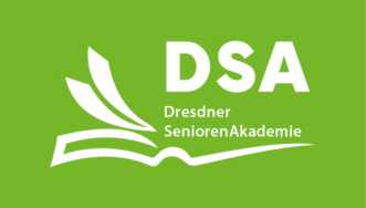 Logo mit den Buchstaben DSA und dem Schriftzug Dresdner SeniorenAkademie auf grünem Hintergrund mit stilisierter offener Buchgrafik