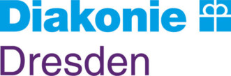 Logo mit dem Schriftzug 'Diakonie' in blauer Schrift und 'Dresden' in violetter Schrift sowie einem stilisierten Kreuzsymbol rechts neben 'Diakonie'