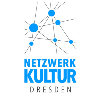 Logo mit mehreren blauen Kreisen unterschiedlicher Größe, die durch schwarze Linien verbunden sind, darunter der Schriftzug 'NETZWERK KULTUR DRESDEN' in Großbuchstaben