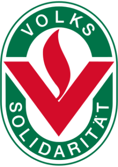 Grünes ovales Logo mit rotem stilisiertem V und Flamme in der Mitte und weißer Schrift 'VOLKSSOLIDARITÄT' im Rand