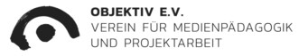 Schwarz-weißer Logoentwurf mit stilisiertem Auge links und rechtsbündigem Text 'OBJEKTIV E.V. VEREIN FÜR MEDIENPÄDAGOGIK UND PROJEKTARBEIT'