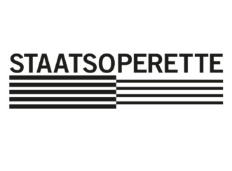 Schwarz-weißes Logo mit dem Schriftzug 'STAATSOPERETTE' über einem stilisierten Notenlinien-Symbol