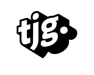 Schwarz-weißes Logo mit den Buchstaben 'tjg' in fetter, abgerundeter Schrift und einem Punkt rechts davon