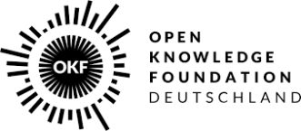 Schwarz-weißes Logo mit einem kreisförmigen Muster und den Buchstaben 'OKF' in der Mitte sowie dem Text 'OPEN KNOWLEDGE FOUNDATION DEUTSCHLAND' rechts daneben