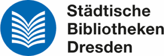 Blaues rundes Logo mit stilisierter weißer Buchseite und daneben der Schriftzug 'Städtische Bibliotheken Dresden'