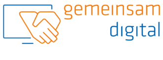 Logo mit stilisierter orangefarbener Hand, die aus einem blauen Rechteck herausragt, daneben der Schriftzug 'gemeinsam digital' in orange und blau