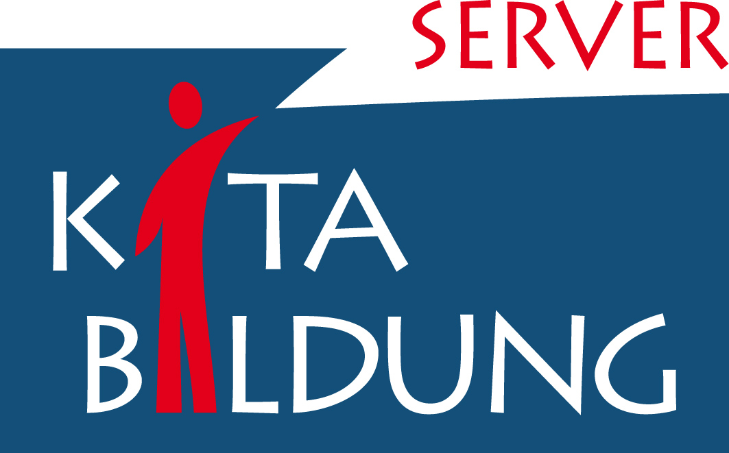 Logo mit stilisierter roter Figur zwischen den weißen Buchstaben "KITA BILDUNG" auf blauem Hintergrund und rotem Schriftzug "SERVER" oben rechts