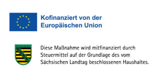 Europaflagge mit Text 'Kofinanziert von der Europäischen Union' und sächsisches Wappensignet mit Text zur Mitfinanzierung durch Steuermittel des Sächsischen Landtags