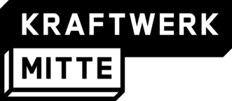 Schwarz-weiße Logo-Grafik mit dem Wort KRAFTWERK in Großbuchstaben und darunter in einem dreidimensionalen Kasten das Wort MITTE