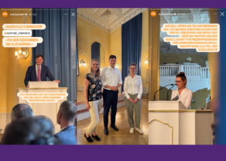 Bildcollage vom Handygipfel mit einem Foto von Staatsminister Conrad Clemens, einem Gruppenbild von Friederike von Gross, Conrad Clemens und Kristina Richter und Kristina Richter am Rednerpult.