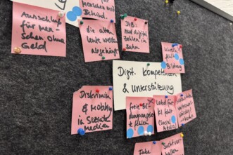 Pinnwand mit rosa und weißen Klebezetteln. Lesbar ist u.a. "Digitale Kompetenzen und Unterstützung"