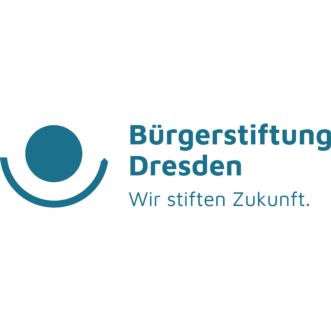 Blaues Logo mit einem Kreis über einem nach oben geöffneten Halbkreis und dem Text 'Bürgerstiftung Dresden Wir stiften Zukunft'