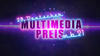 Leuchtender Schriftzug '28. Deutscher MULTIMEDIA PREIS mb21' vor dunklem Hintergrund mit Lichtpunkten
