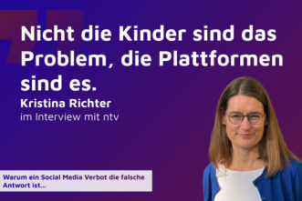 Gestaltete Grafik mit dem Zitat "Nicht die Kinder sind das Problem, die Plattformen sind es." und einem Bild von Kristina Richter