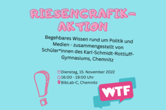 Infografik zur Veranstaltung, mit rosafarbener, schwarzer und weißer Schrift auf türkisem Hintergrund. Inhalte: Riesengrafik-Aktion: Begehbares Wissen rund um Politik und Medien - zusammengestellt von Schüler*innen des Karl-Schmidt-Rottluff-Gymnasiums Chemnitz. Dienstag 15.11., 16-19 Uhr, BibLab-C in Chemnitz